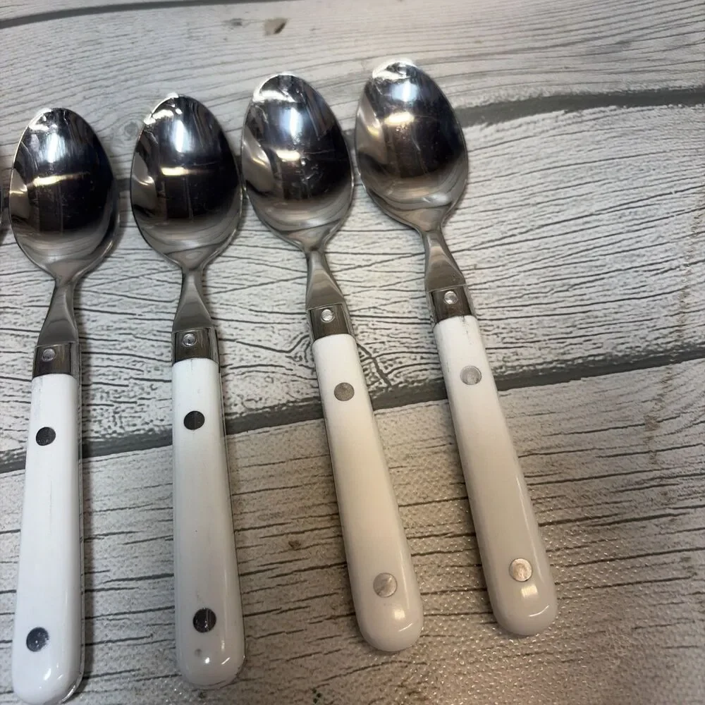 Vintage Flatware 8Teaspoons Stainless Korea White Handle